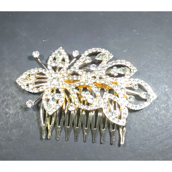 Hair Comb Barrette Gold Tone Clear Rhinestone Floral Elegant Design Prom Party - Picture 3 of 3